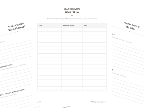 Year-end review pages with harvest tracker and reflection prompts